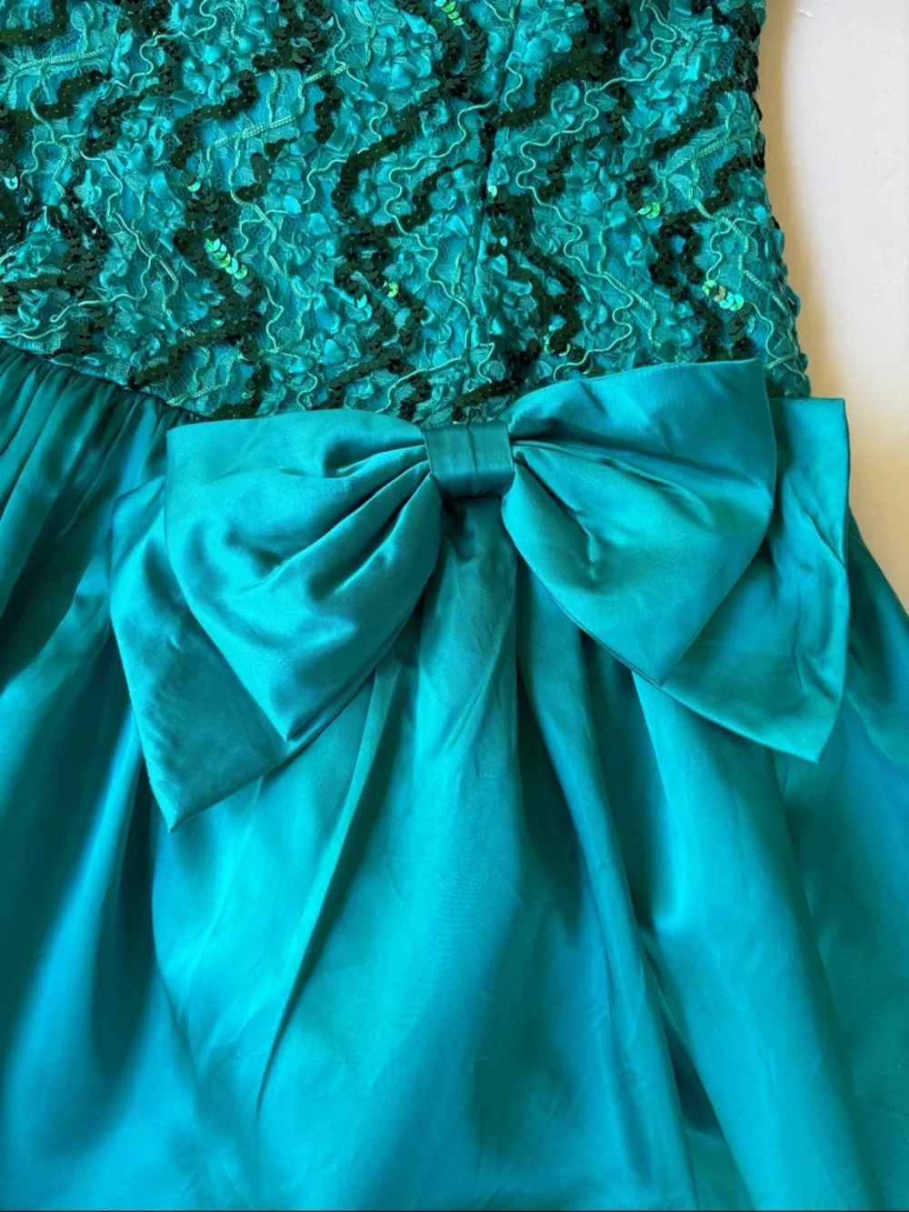 Vintage 80’s Sequin Party Dress Teal Bow Halter Bow Dropwaist Cocktail Dance 90’ - Picture 8 of 17
